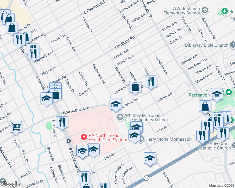 map of restaurants, bars, coffee shops, grocery stores, and more near 2214 Moffatt Avenue in Dallas