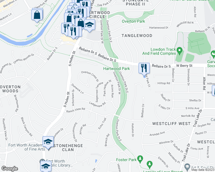 map of restaurants, bars, coffee shops, grocery stores, and more near 3459 Park Hollow Street in Fort Worth