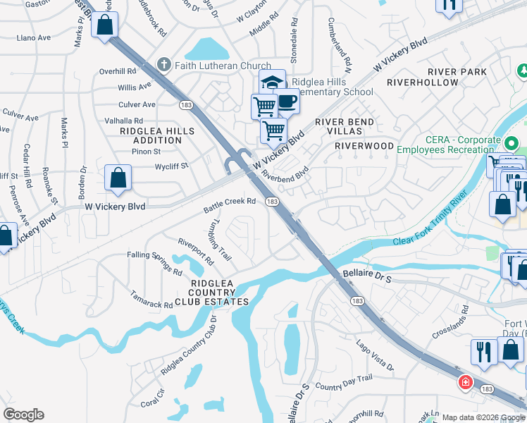 map of restaurants, bars, coffee shops, grocery stores, and more near 6921 Battle Creek Road in Fort Worth
