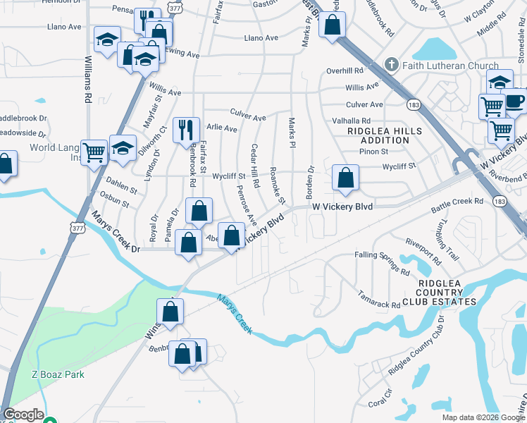 map of restaurants, bars, coffee shops, grocery stores, and more near 7341 West Vickery Boulevard in Benbrook