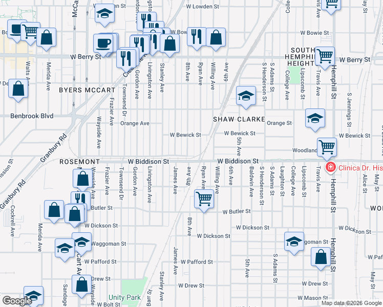 map of restaurants, bars, coffee shops, grocery stores, and more near 3500 8th Avenue in Fort Worth