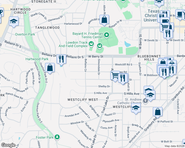 map of restaurants, bars, coffee shops, grocery stores, and more near 3736 West Biddison Street in Fort Worth
