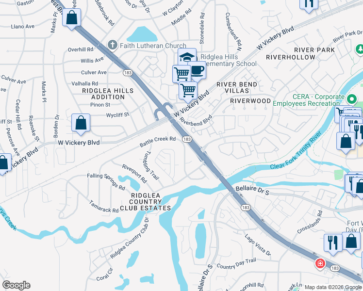 map of restaurants, bars, coffee shops, grocery stores, and more near 6921 Battle Creek Road in Fort Worth