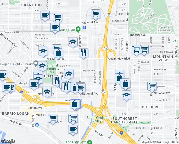 map of restaurants, bars, coffee shops, grocery stores, and more near 3247 Martin Avenue in San Diego