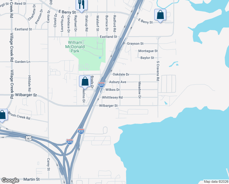 map of restaurants, bars, coffee shops, grocery stores, and more near 5720 Whittlesey Road in Fort Worth