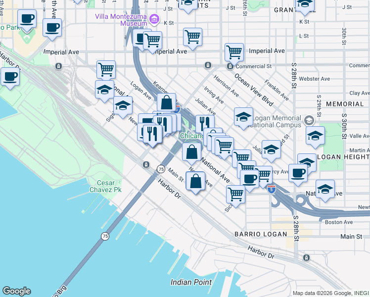 map of restaurants, bars, coffee shops, grocery stores, and more near 2001 National Avenue in San Diego