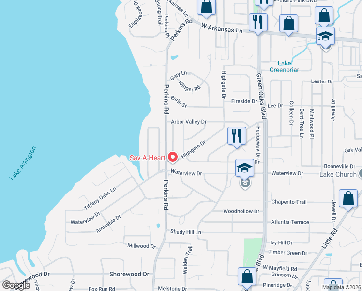 map of restaurants, bars, coffee shops, grocery stores, and more near 2706 Shelterwood Lane in Arlington