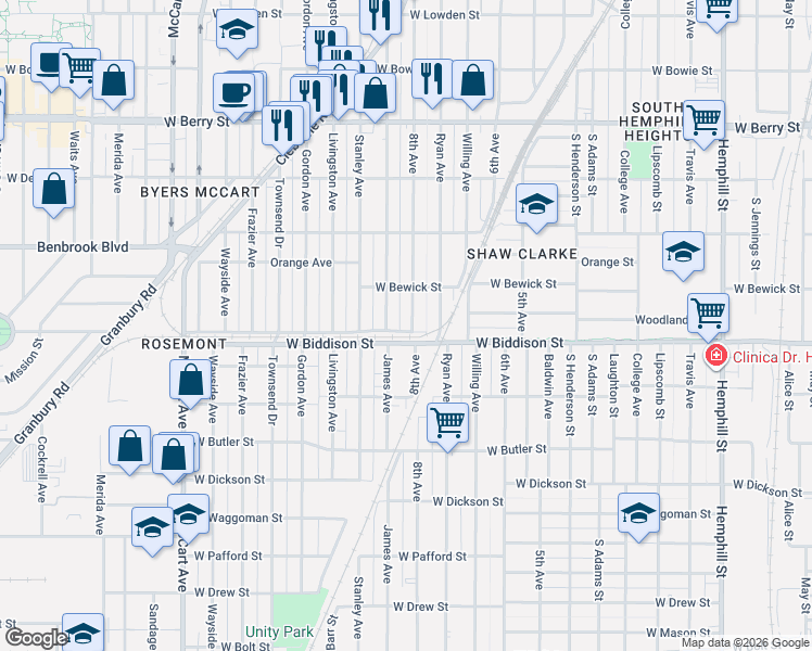 map of restaurants, bars, coffee shops, grocery stores, and more near 3412 8th Avenue in Fort Worth