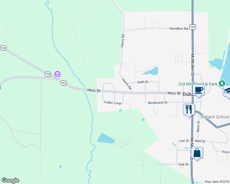 map of restaurants, bars, coffee shops, grocery stores, and more near 101 Lawrence Street in Dubach