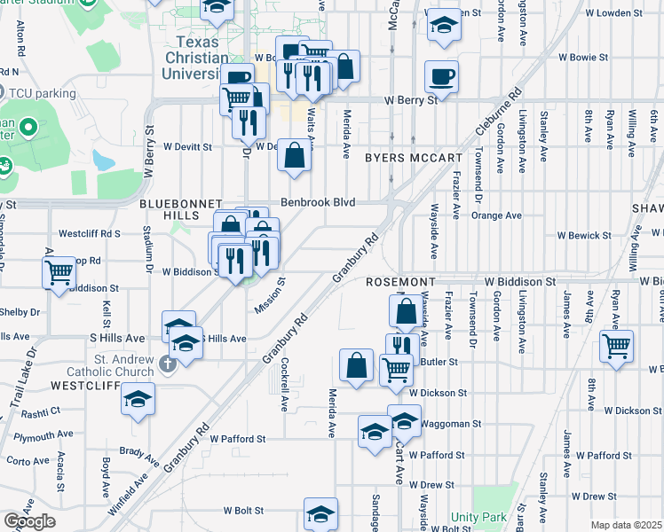 map of restaurants, bars, coffee shops, grocery stores, and more near 2704 West Bewick Street in Fort Worth