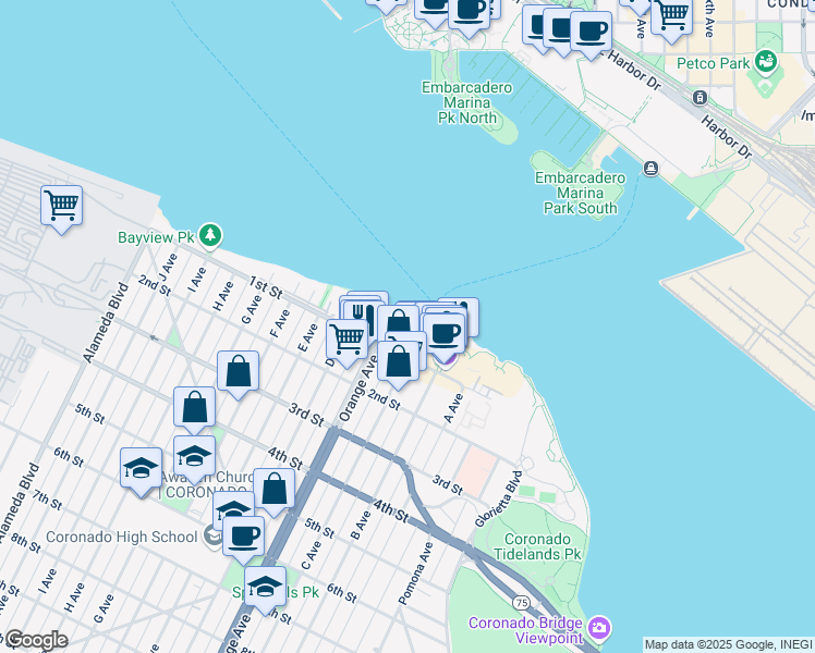 map of restaurants, bars, coffee shops, grocery stores, and more near 1101 1st Street in Coronado