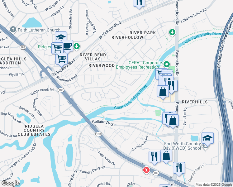 map of restaurants, bars, coffee shops, grocery stores, and more near 6912 River Park Lane North in Fort Worth
