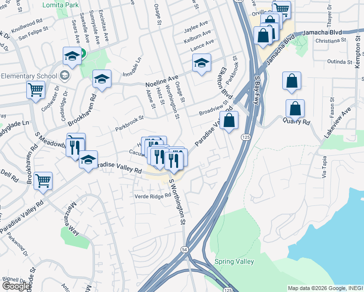 map of restaurants, bars, coffee shops, grocery stores, and more near 302 Worthington Street in Spring Valley