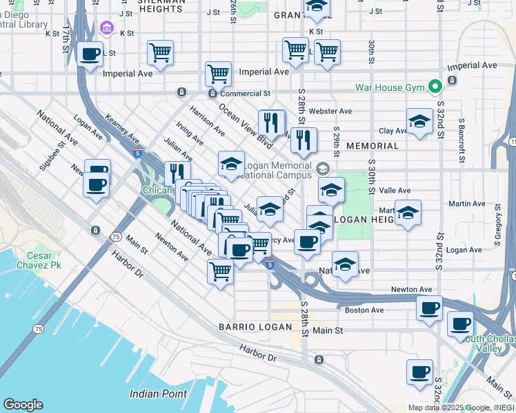map of restaurants, bars, coffee shops, grocery stores, and more near 2227 Irving Avenue in San Diego