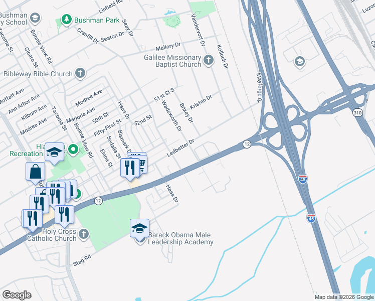 map of restaurants, bars, coffee shops, grocery stores, and more near 3277 Ledbetter Drive in Dallas
