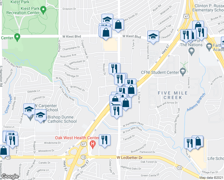 map of restaurants, bars, coffee shops, grocery stores, and more near 3604 Legendary Lane in Dallas