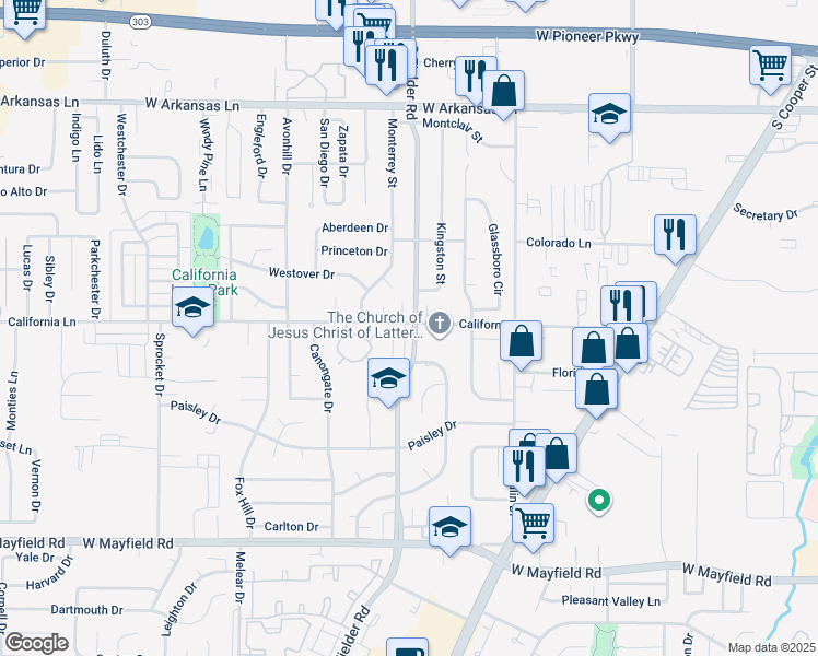 map of restaurants, bars, coffee shops, grocery stores, and more near 1607 California Lane in Arlington