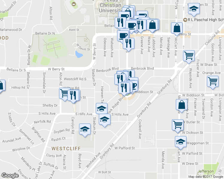 map of restaurants, bars, coffee shops, grocery stores, and more near 3420 Rogers Avenue in Fort Worth