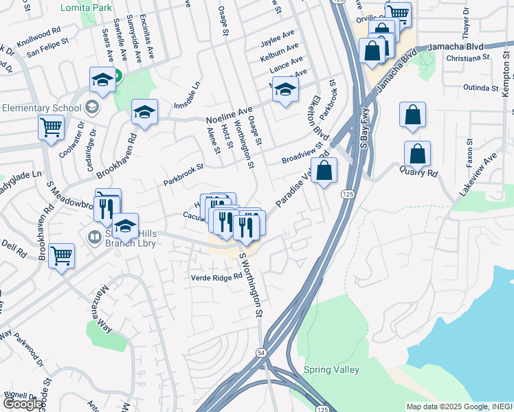 map of restaurants, bars, coffee shops, grocery stores, and more near 302 Worthington Street in Spring Valley