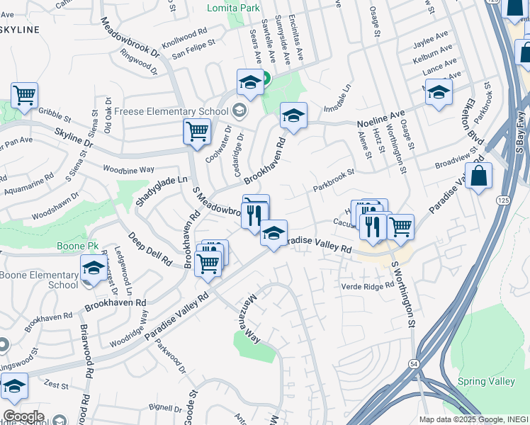 map of restaurants, bars, coffee shops, grocery stores, and more near 8310 Parkbrook Street in San Diego
