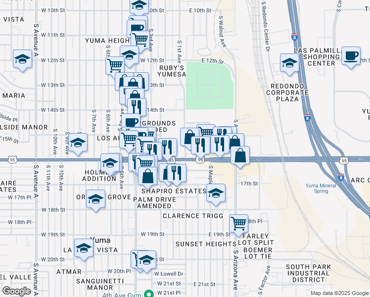 map of restaurants, bars, coffee shops, grocery stores, and more near 1548 South 1st Avenue in Yuma