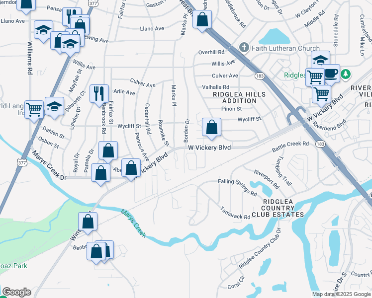map of restaurants, bars, coffee shops, grocery stores, and more near 7319 West Vickery Boulevard in Benbrook
