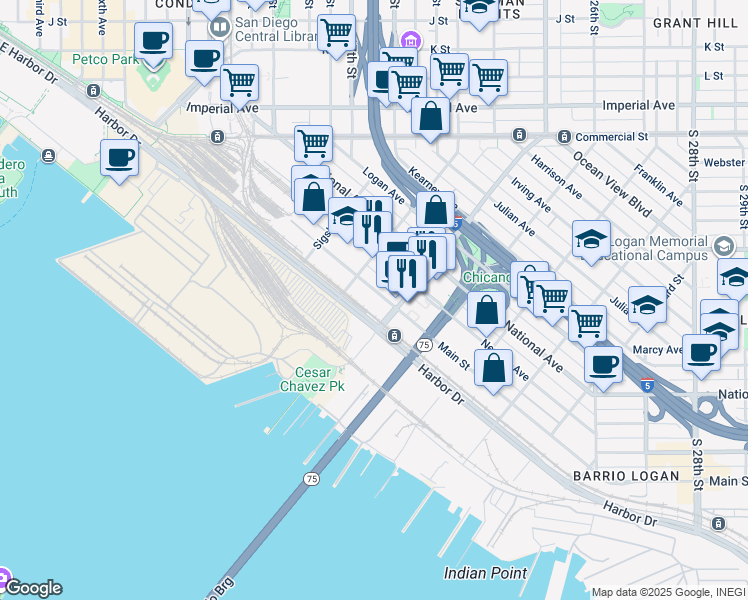 map of restaurants, bars, coffee shops, grocery stores, and more near 1835 Newton Avenue in San Diego