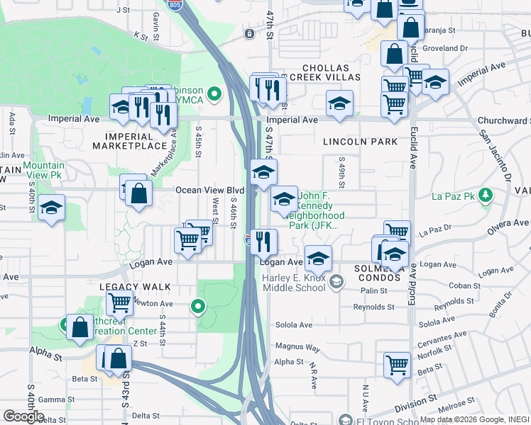 map of restaurants, bars, coffee shops, grocery stores, and more near 610 South 47th Street in San Diego