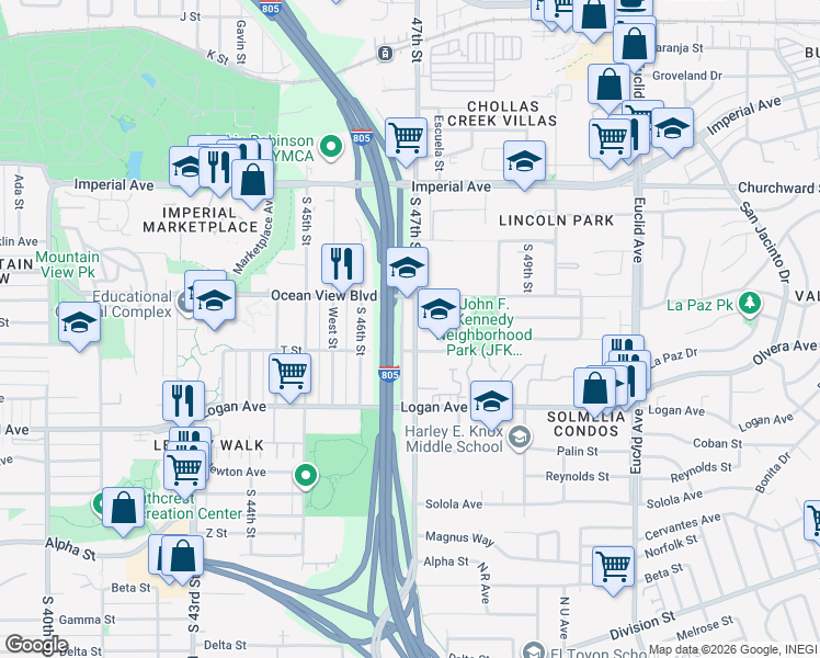 map of restaurants, bars, coffee shops, grocery stores, and more near 610 South 47th Street in San Diego