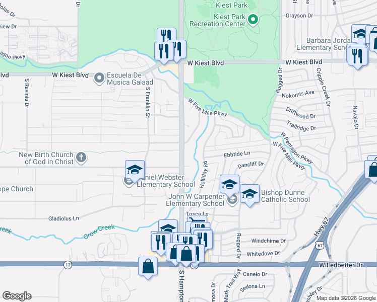 map of restaurants, bars, coffee shops, grocery stores, and more near 3501 South Hampton Road in Dallas