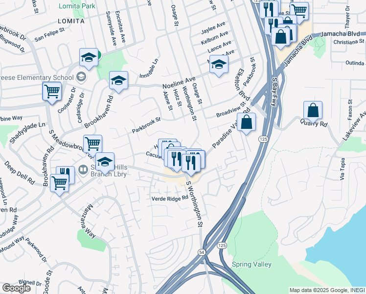 map of restaurants, bars, coffee shops, grocery stores, and more near 242 Tarango Place in Spring Valley