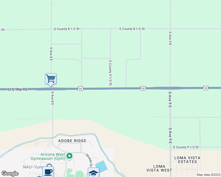 map of restaurants, bars, coffee shops, grocery stores, and more near Avenue 8 1/2 East in Yuma