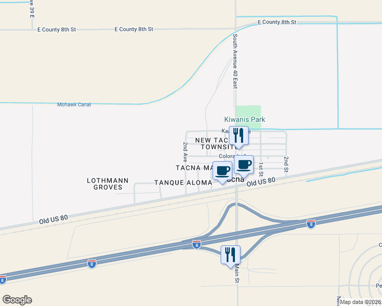 map of restaurants, bars, coffee shops, grocery stores, and more near 39701-39799 Texas Avenue in Wellton