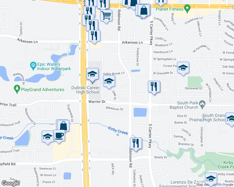 map of restaurants, bars, coffee shops, grocery stores, and more near 3045 Elmbrook Drive in Grand Prairie