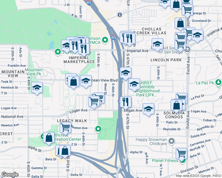 map of restaurants, bars, coffee shops, grocery stores, and more near 516 South 46th Street in San Diego