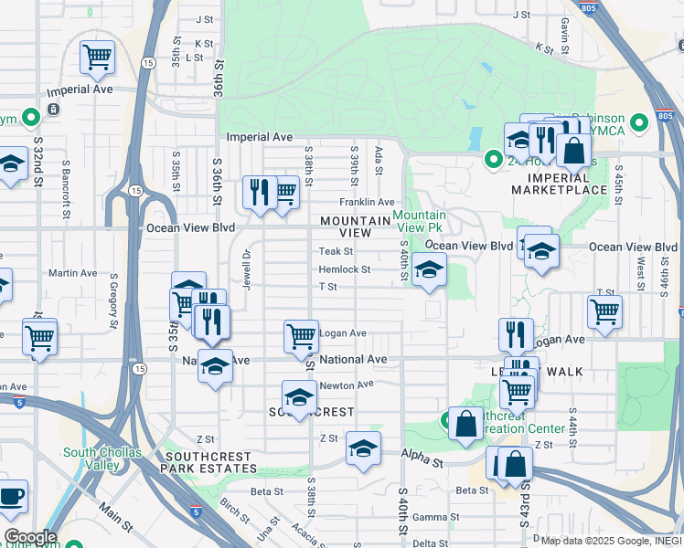 map of restaurants, bars, coffee shops, grocery stores, and more near 3867 Teak Street in San Diego