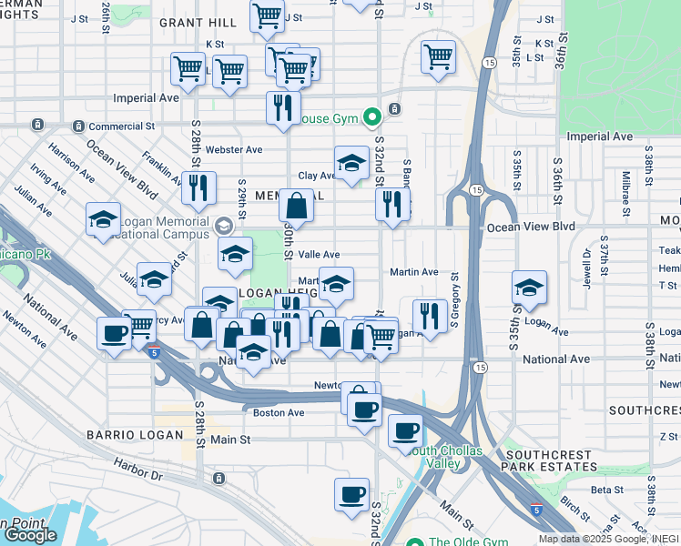 map of restaurants, bars, coffee shops, grocery stores, and more near 600 South 31st Street in San Diego