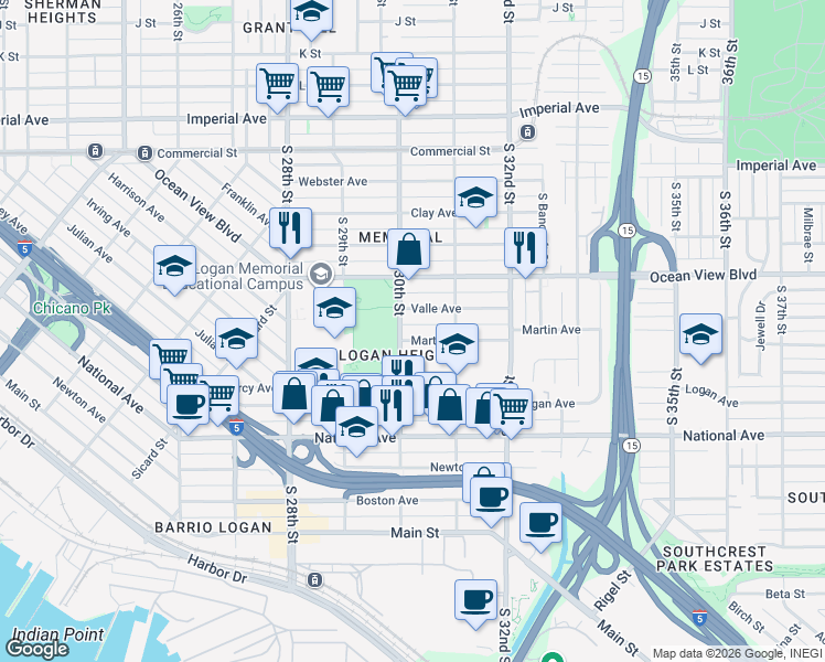 map of restaurants, bars, coffee shops, grocery stores, and more near 3011 Valle Avenue in San Diego