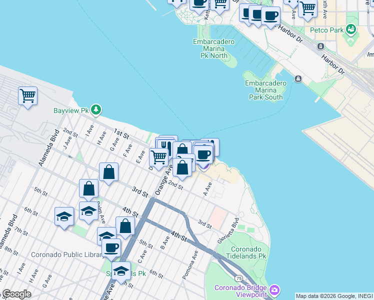 map of restaurants, bars, coffee shops, grocery stores, and more near 1101 1st Street in Coronado