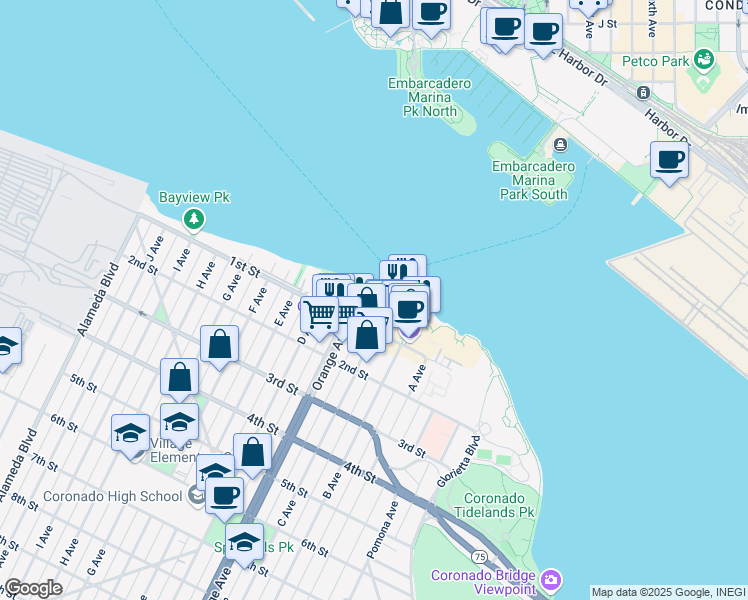 map of restaurants, bars, coffee shops, grocery stores, and more near in Coronado