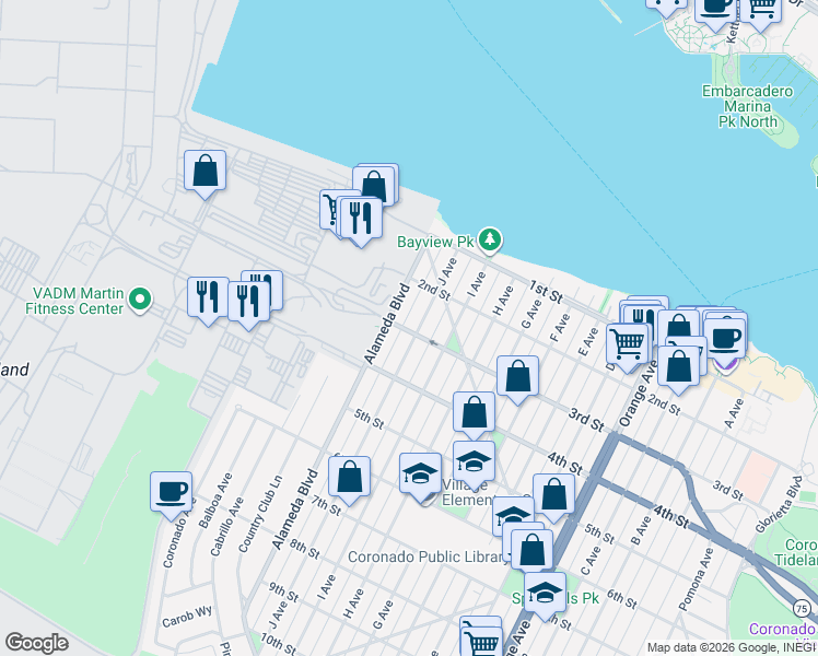 map of restaurants, bars, coffee shops, grocery stores, and more near 238 J Avenue in Coronado