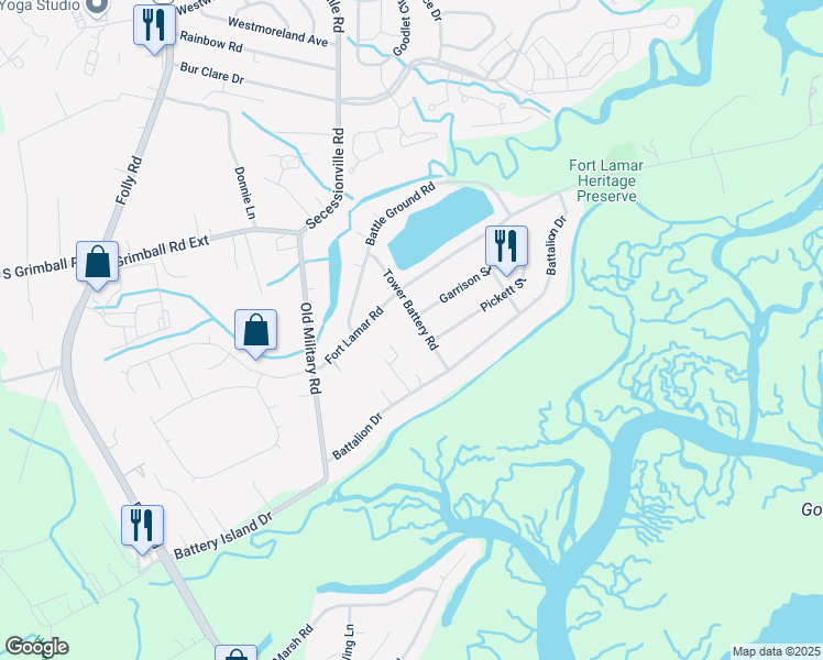 map of restaurants, bars, coffee shops, grocery stores, and more near 1713 Tower Battery Road in Charleston