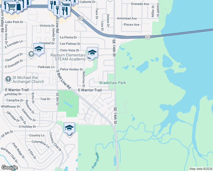 map of restaurants, bars, coffee shops, grocery stores, and more near 2942 Brush Creek in Grand Prairie