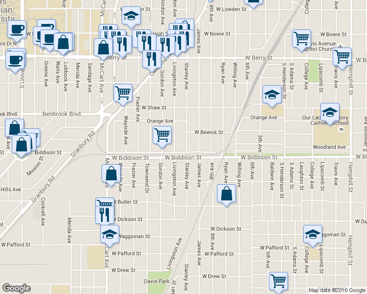 map of restaurants, bars, coffee shops, grocery stores, and more near 3437 Livingston Avenue in Fort Worth