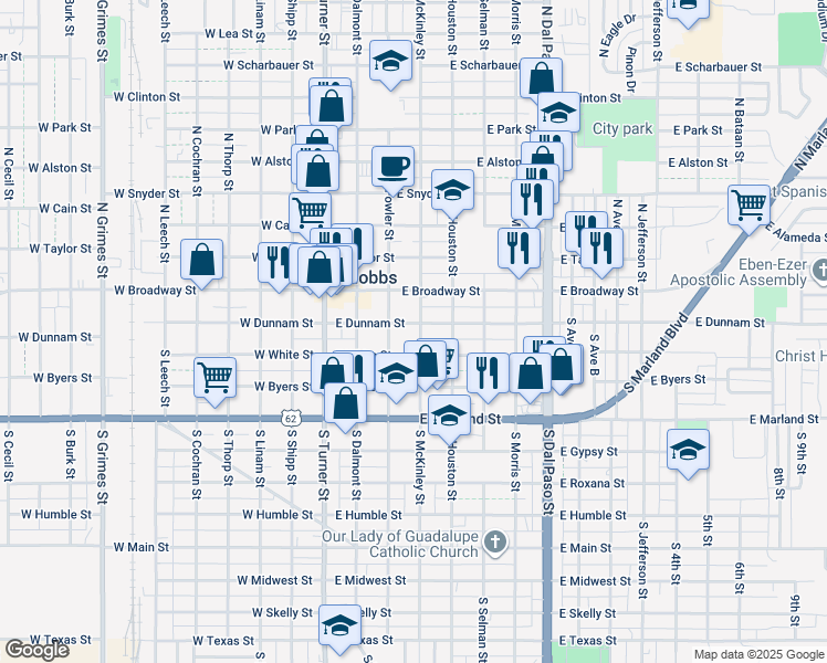 map of restaurants, bars, coffee shops, grocery stores, and more near 300 East White Street in Hobbs