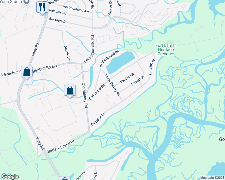 map of restaurants, bars, coffee shops, grocery stores, and more near 1713 Tower Battery Road in Charleston