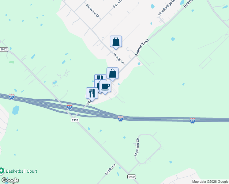 map of restaurants, bars, coffee shops, grocery stores, and more near 9600 Helms Trail in Forney