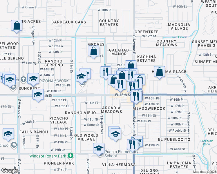 map of restaurants, bars, coffee shops, grocery stores, and more near 2660 West 16th Street in Yuma