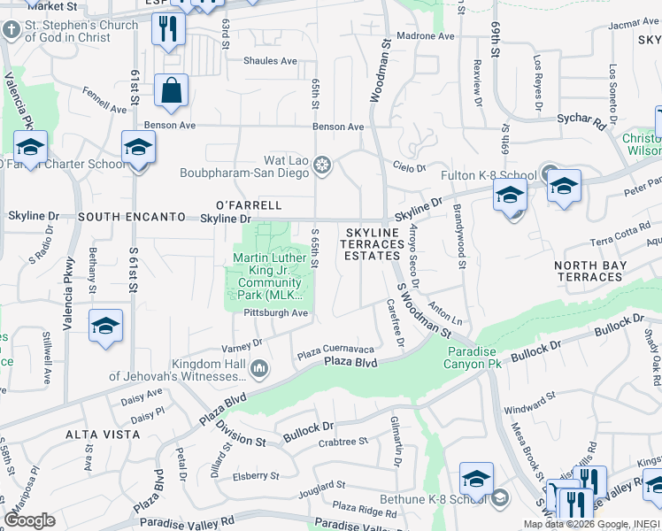 map of restaurants, bars, coffee shops, grocery stores, and more near 564 South 66th Street in San Diego