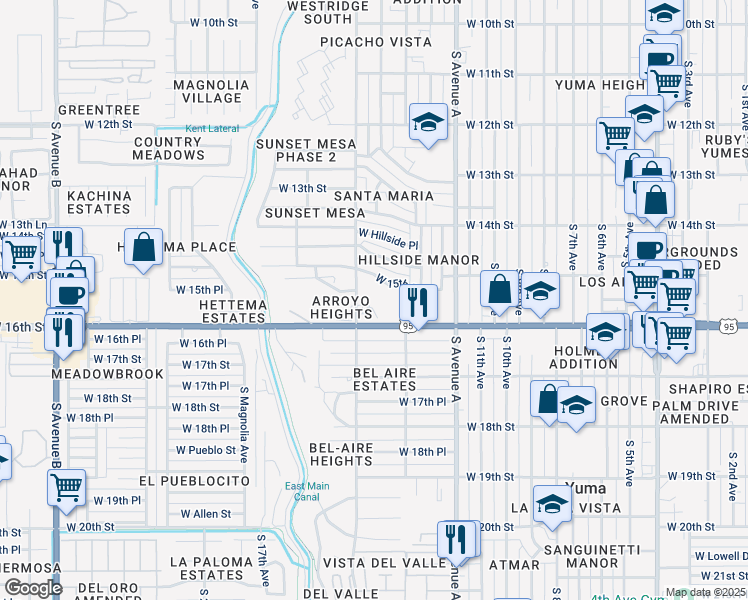 map of restaurants, bars, coffee shops, grocery stores, and more near 1545 South 14th Avenue in Yuma